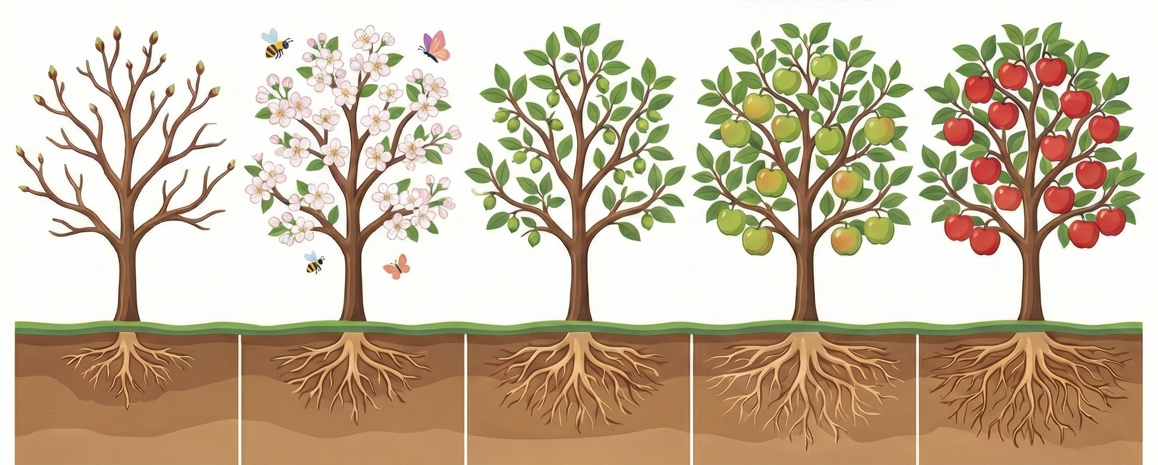 Illustrated sequence of an apple tree’s growth stages, shown side by side: dormant tree with bare branches, flowering tree with blossoms and pollinators, early fruit set with small green apples, fruit development with larger green apples, and full maturity with red apples. Below each stage, the root system is visible, growing denser and deeper as the tree matures.