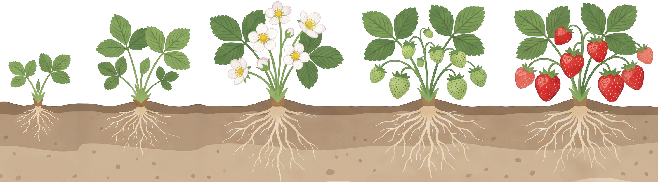 Illustration showing strawberry plant growth stages from young seedling to mature plant, including flowering, green fruit development, and ripe red strawberries, with visible root systems beneath the soil.
