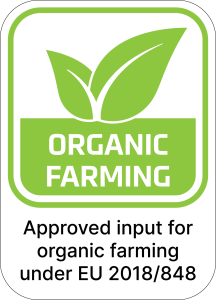 Green and white certification label with a leaf symbol and the text “Organic Farming – Approved input for organic farming under EU 2018/848.”