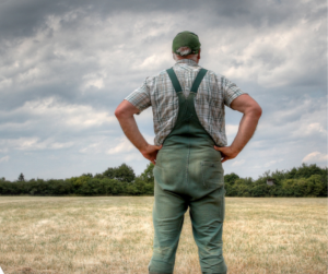 A farmer stands in an open, dry field with hands on hips, wearing green overalls and a cap, looking toward the horizon under a cloudy sky—symbolizing concern and preparation for an upcoming drought.