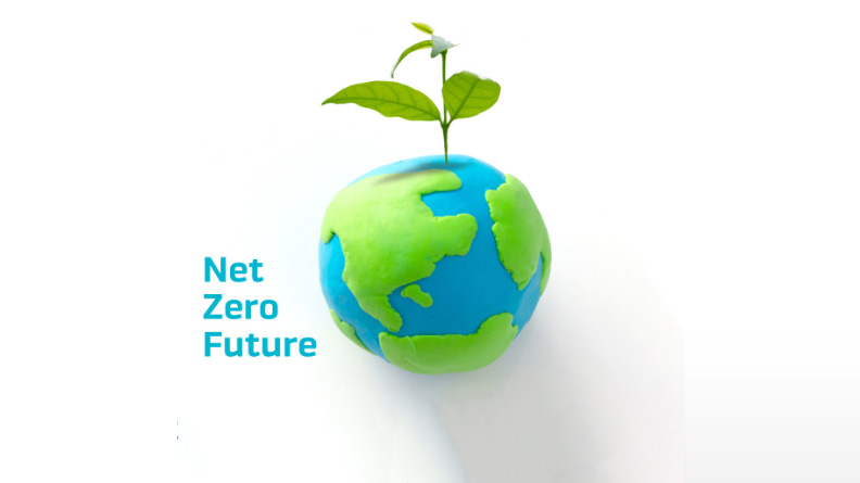 Illustration of a small Earth model with a green plant sprouting from it, symbolizing sustainability and growth, alongside the text “Net Zero Future.”