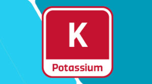 A red and white graphic showing the chemical symbol “K” for Potassium, with the word “Potassium” written below. The background features blue geometric shapes, representing nutrients or elements in agriculture.
