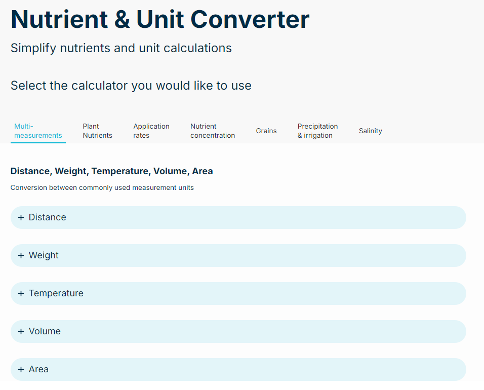Screenshot of the ICL “Nutrient & Unit Converter” webpage showing tools for simplifying nutrient and unit calculations. Tabs include multi-measurements, plant nutrients, application rates, nutrient concentration, grains, precipitation & irrigation, and salinity, with expandable sections for distance, weight, temperature, volume, and area conversions.