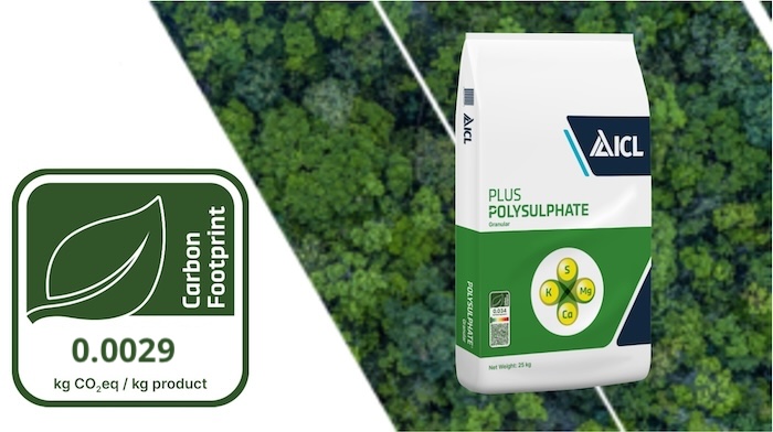 ICL PLUS POLYSULPHATE fertilizer bag and a carbon footprint label against a green forest background.