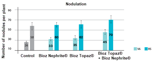 Bar chart showing the number of soybean nodules per plant under different treatments. The control group has 26 at stage V5 and 58 at R5, while Bio-Phosphate, Bio-Agro, and their combination show higher counts, peaking at 45 (V5) and 70 (R5) in the combined treatment, indicating enhanced nodulation.