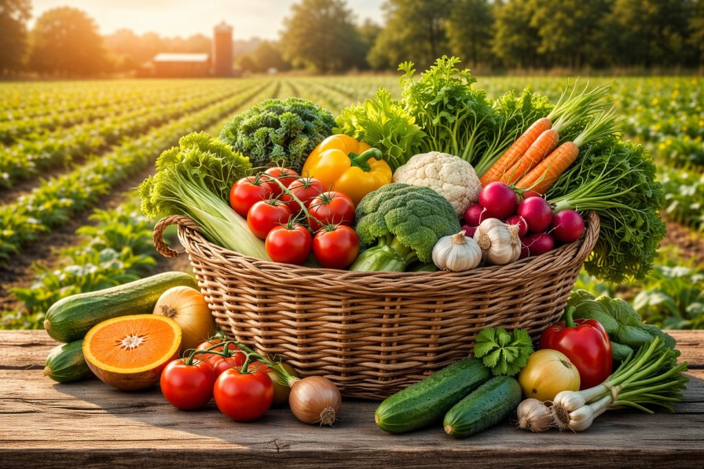 A wicker basket filled with fresh organic vegetables and fruits, including tomatoes, carrots, broccoli, peppers, radishes, and leafy greens, placed on a wooden table in front of a sunlit farm field with crop rows and a barn in the background.