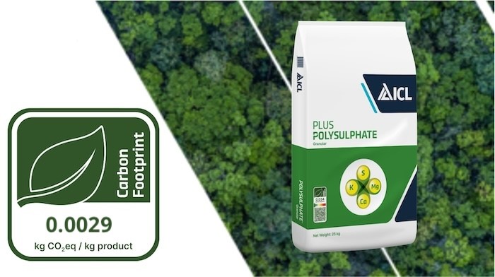 ICL Polysulphate fertilizer bag highlighting its low carbon footprint of 0.0029 kg CO₂ eq per kg product, promoting sustainable agriculture and eco-friendly crop nutrition.