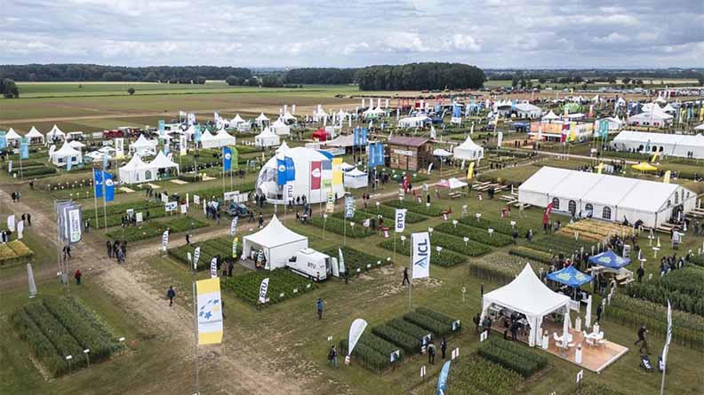 Aerial view of an agricultural field exhibition with ICL stands, showcasing crop innovation, sustainable farming technologies, and agronomy solutions.