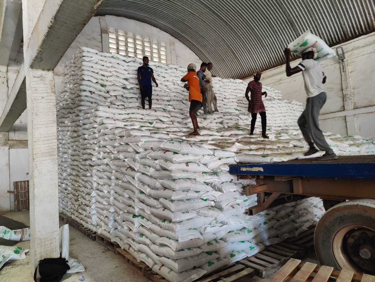 Workers stacking and loading bags of Polysulphate fertilizer inside a warehouse, showing large-scale agricultural product storage and manual handling for distribution and export logistics.