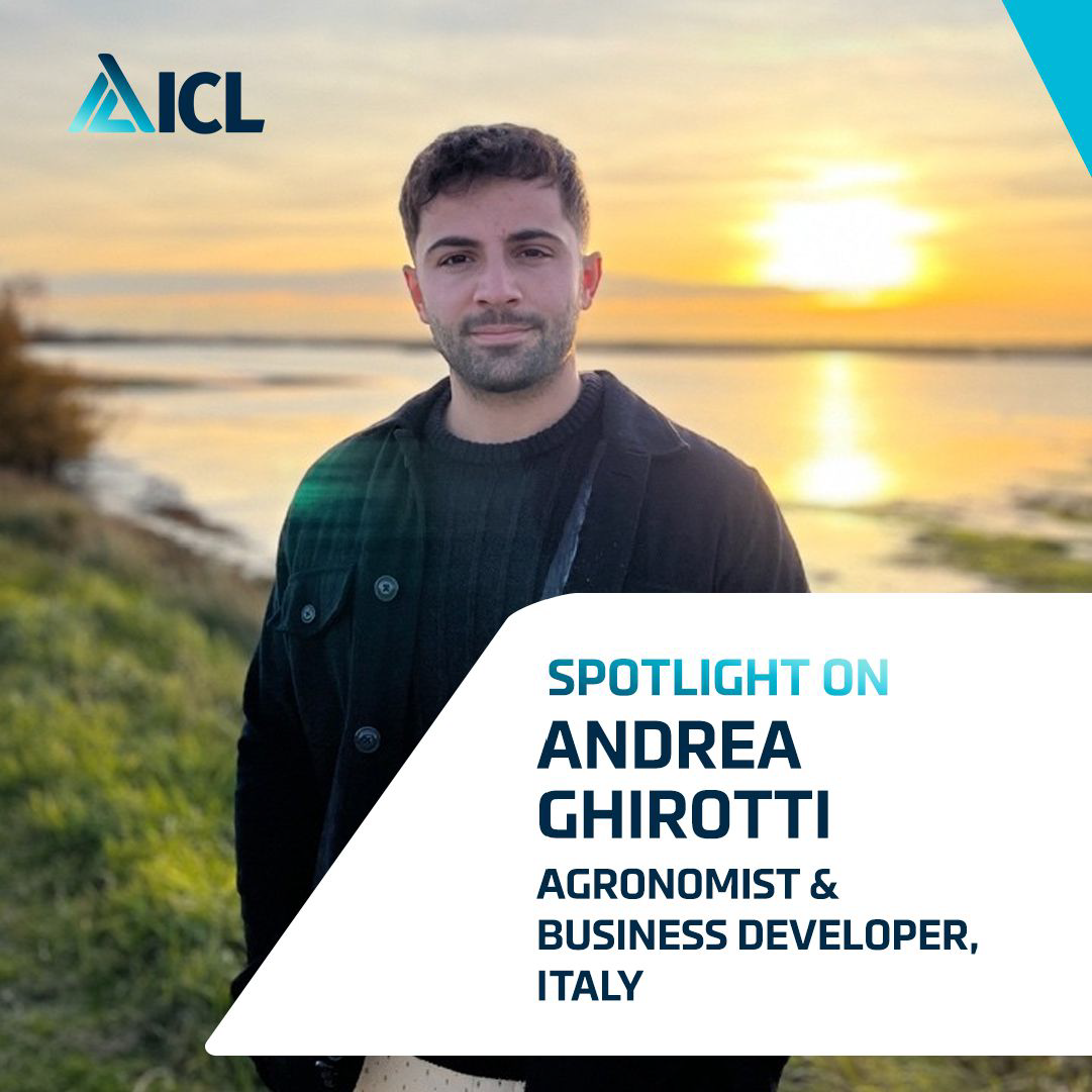 Andrea Ghirotti, Agronomist and Business Developer at ICL Italy, standing outdoors by a lake during sunset with the ICL logo and text overlay reading “Spotlight On Andrea Ghirotti, Agronomist & Business Developer, Italy.”