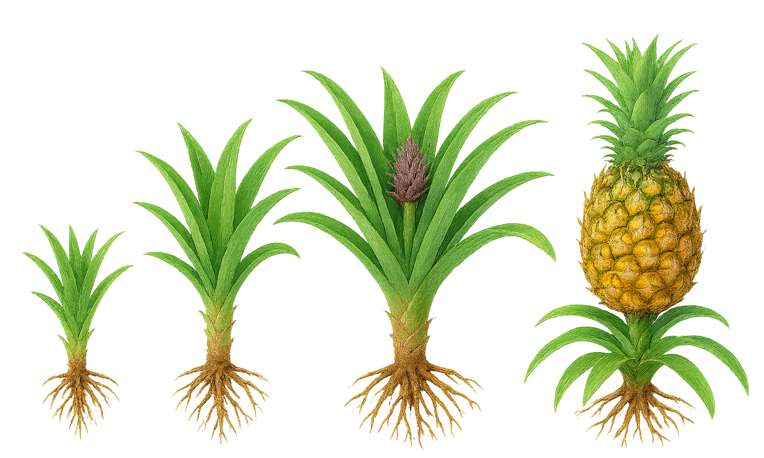 Four realistic illustrations showing the growth stages of a pineapple plant. From left to right: a young plant with short, narrow leaves; a larger juvenile plant with longer leaves; a mature plant with a developing purple-red flower bud emerging at the center; and finally a fully grown pineapple plant with a ripe yellow fruit topped by a crown of green leaves. All stages include visible root systems