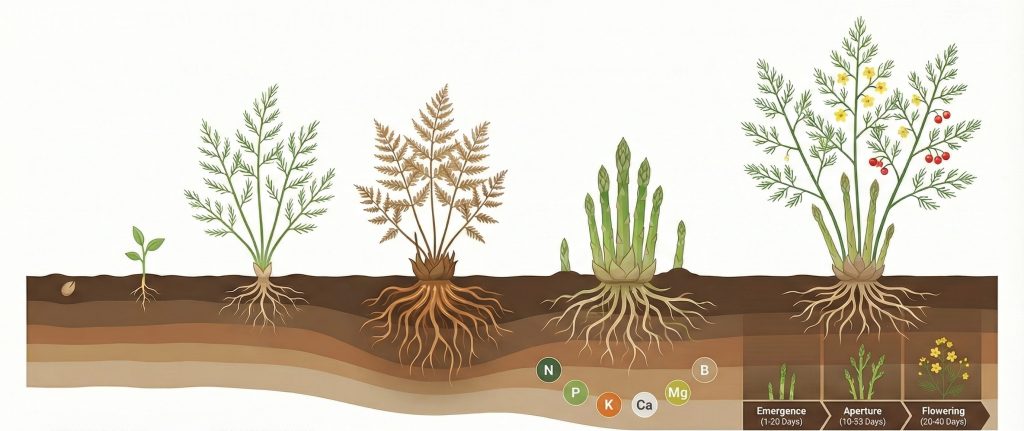 Illustration showing the growth stages of an asparagus plant in soil, from seed germination and early seedling to fern stage, spear emergence, flowering, and berry formation, with visible root development and soil nutrients (N, P, K, Ca, Mg) labeled underground.