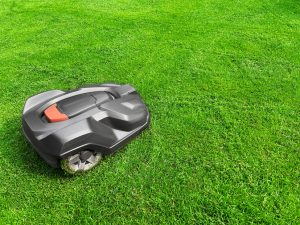 Moderno robot tagliaerba sul prato di un giardino - taglio robot