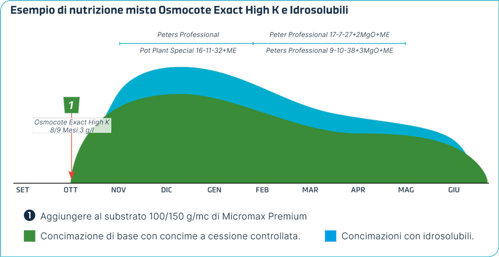Grafico con esempio di nutrizione mista CRF e idrosolubili per Hibiscus rosa sinensis