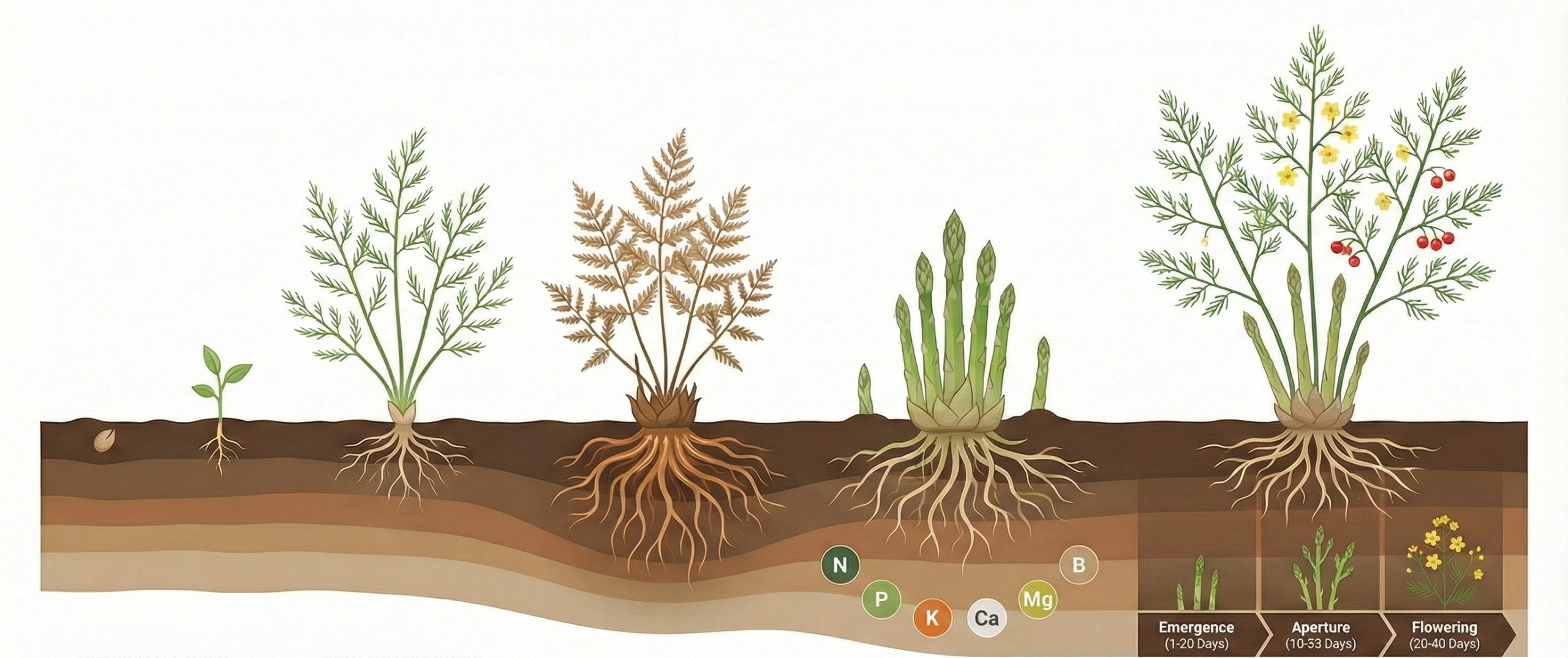 Illustration showing the growth stages of an asparagus plant in soil, from seed germination and early seedling to fern stage, spear emergence, flowering, and berry formation, with visible root development and soil nutrients (N, P, K, Ca, Mg) labeled underground.